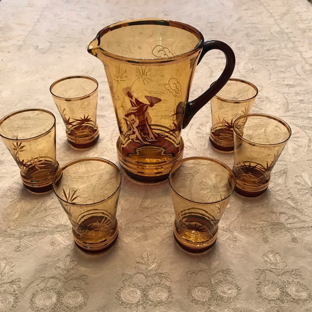 Vintage 1970s Pitcher with 6 Glasses